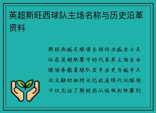 英超斯旺西球队主场名称与历史沿革资料